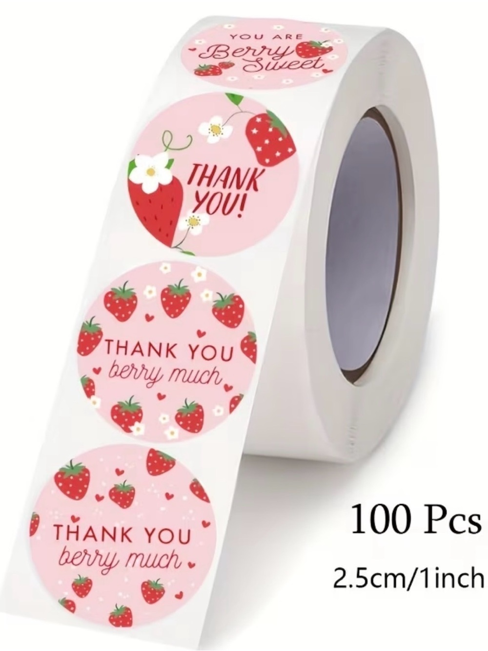 100 pc Berry Sweet Thank You Sticker Roll - Pink Strawberry Labels